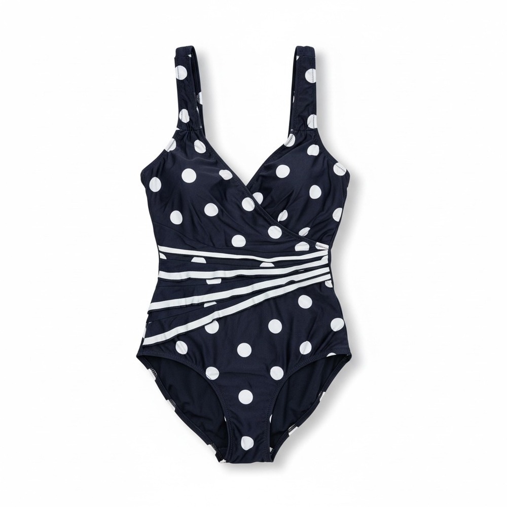 Gottex Vintage Navy White Polka Dot Wrap One Piece Swimsuit Sz 10 Made Israel